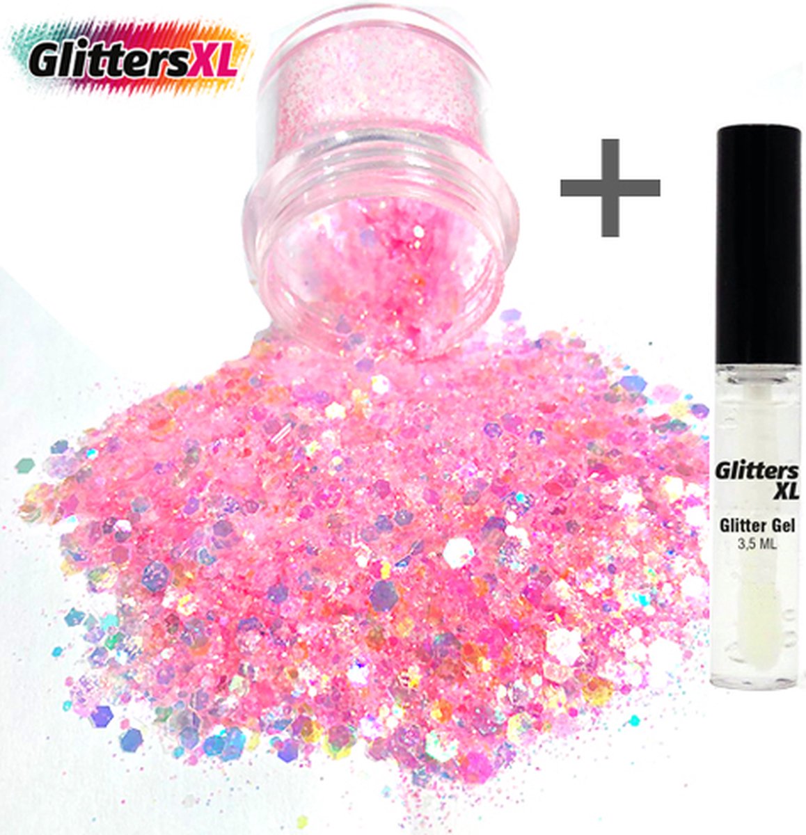 GlittersXL - Chunky Glitters (Roze) (Volume 8g) + Glitter Huid Lijm [Festival Makeup Gezicht Lichaam - Face Body Glitter - Biologisch afbreekbaar - Versiering Dames Volwassen Kinderen]